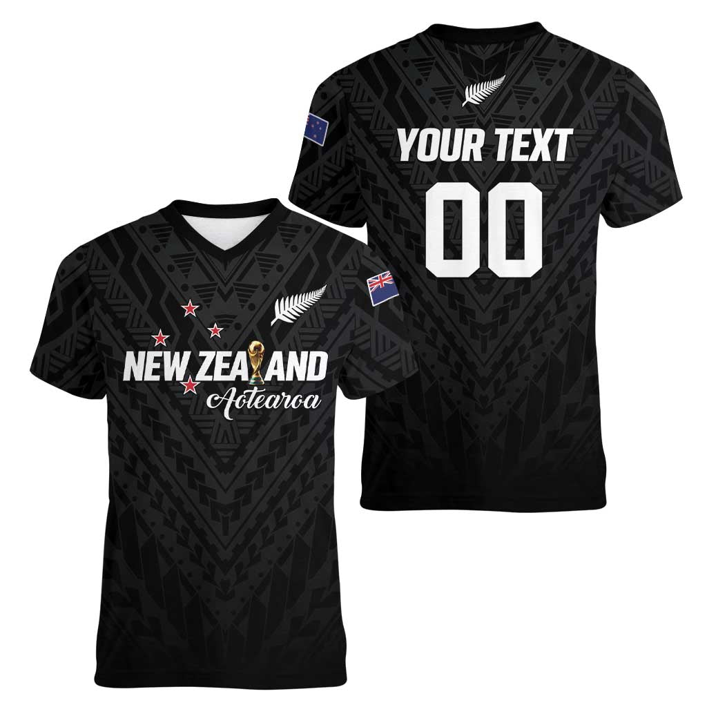 Custom Football New Zealand Women V-Neck T-Shirt Aotearoa United Black Version LT01 - Polynesian Pride