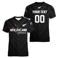 Custom Football New Zealand Women V-Neck T-Shirt Aotearoa United Black Version LT01 - Polynesian Pride