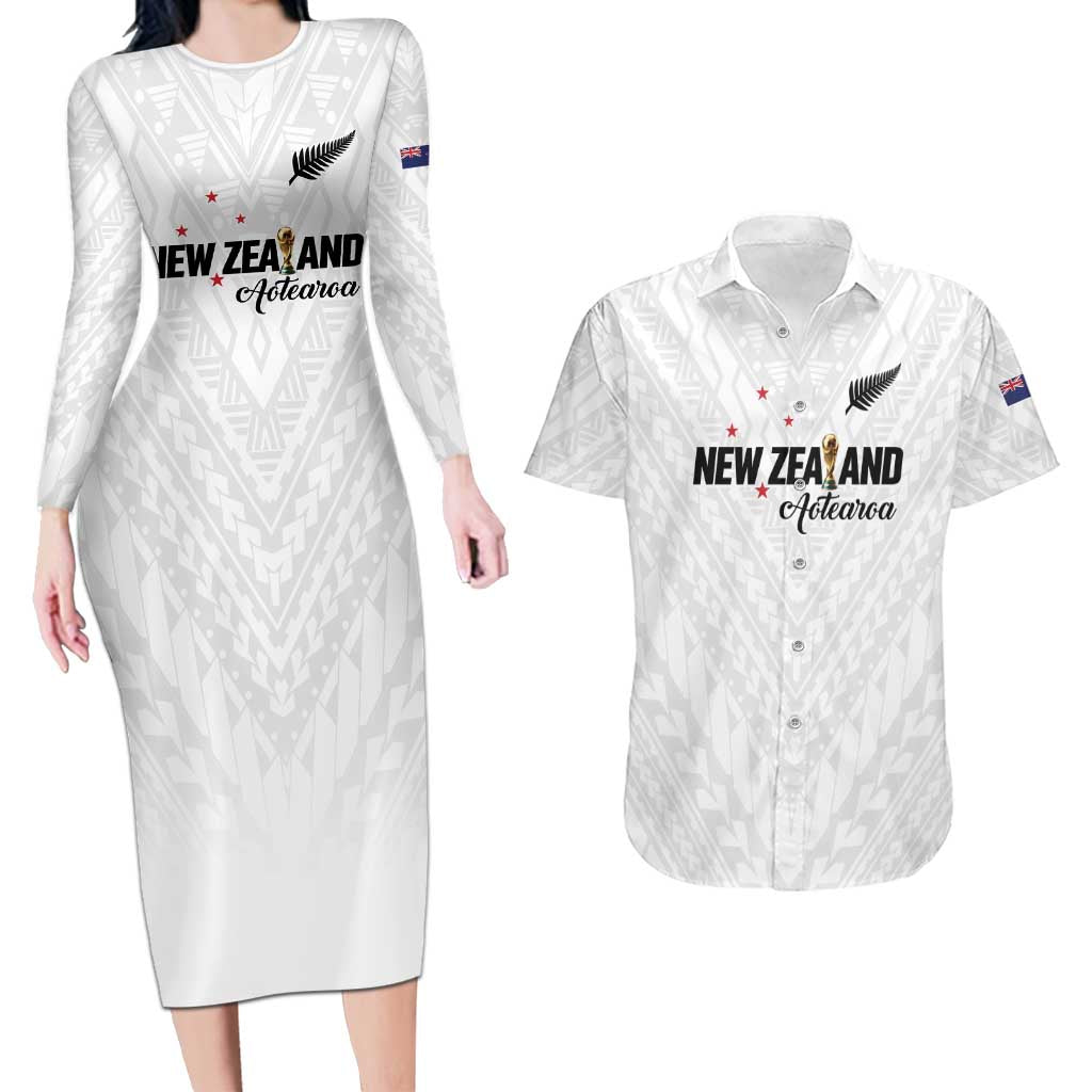 Custom Football New Zealand Couples Matching Long Sleeve Bodycon Dress and Hawaiian Shirt Aotearoa United White Version LT01 White - Polynesian Pride