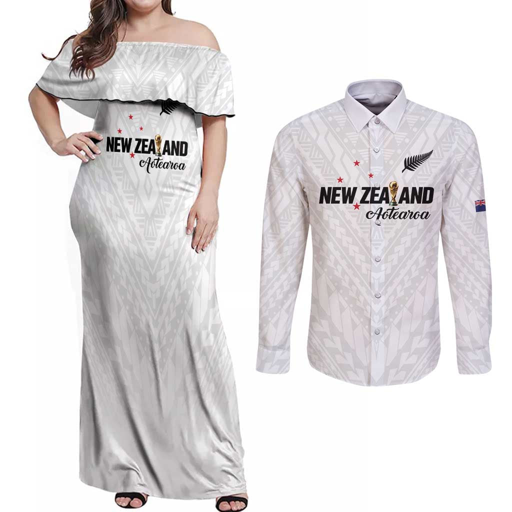 Custom Football New Zealand Couples Matching Off Shoulder Maxi Dress and Long Sleeve Button Shirt Aotearoa United White Version LT01 White - Polynesian Pride