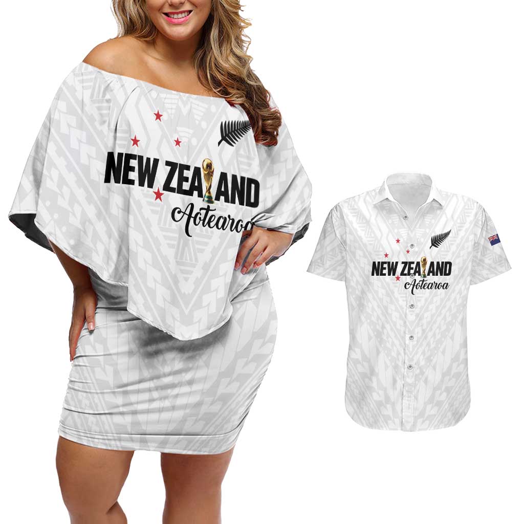 Custom Football New Zealand Couples Matching Off Shoulder Short Dress and Hawaiian Shirt Aotearoa United White Version LT01 White - Polynesian Pride