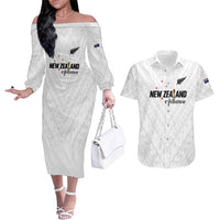 Custom Football New Zealand Couples Matching Off The Shoulder Long Sleeve Dress and Hawaiian Shirt Aotearoa United White Version LT01 White - Polynesian Pride