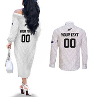 Custom Football New Zealand Couples Matching Off The Shoulder Long Sleeve Dress and Long Sleeve Button Shirt Aotearoa United White Version LT01 - Polynesian Pride