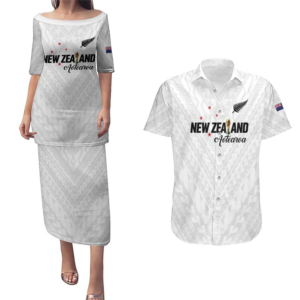 Custom Football New Zealand Couples Matching Puletasi and Hawaiian Shirt Aotearoa United White Version - Polynesian Pride