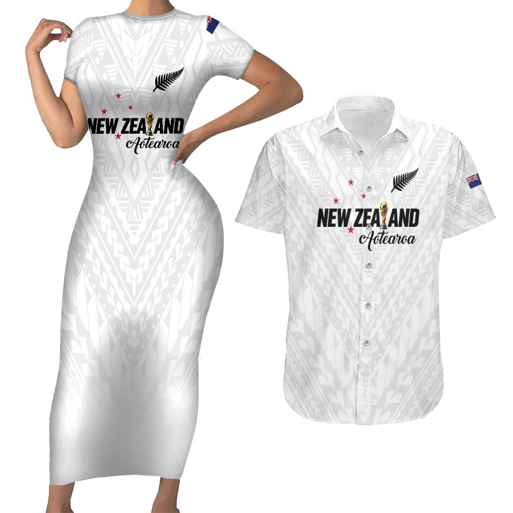 Custom Football New Zealand Couples Matching Short Sleeve Bodycon Dress and Hawaiian Shirt Aotearoa United White Version - Polynesian Pride