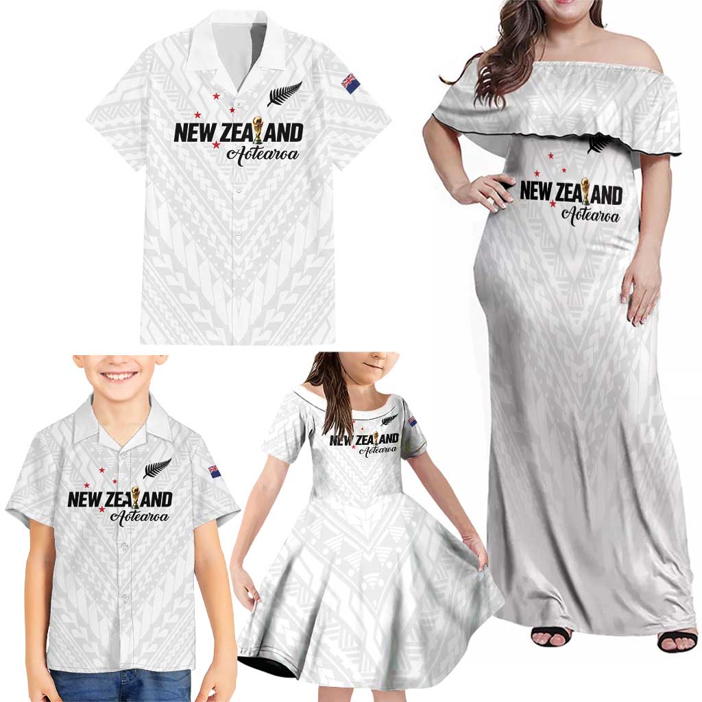 Custom Football New Zealand Family Matching Off Shoulder Maxi Dress and Hawaiian Shirt Aotearoa United White Version LT01 - Polynesian Pride