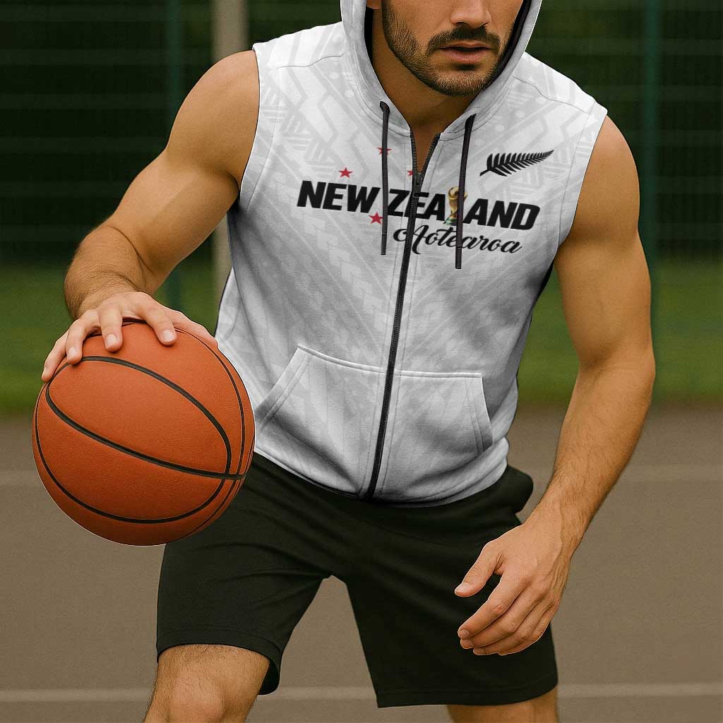 Custom Football New Zealand Sleeveless Zip Hoodie Aotearoa United White Version - Polynesian Pride