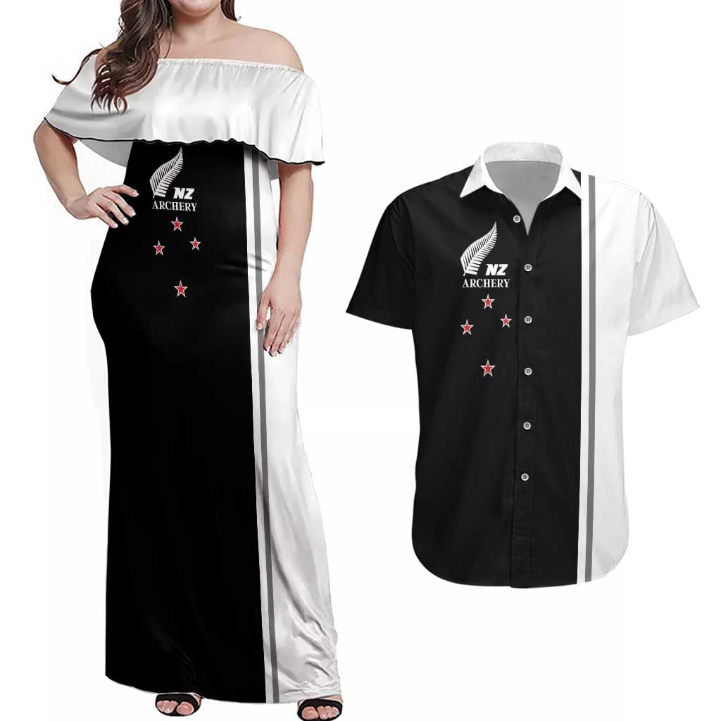 Personalised New Zealand 2025 Archery Basic Couples Matching Off Shoulder Maxi Dress and Hawaiian Shirt Archery NZ
