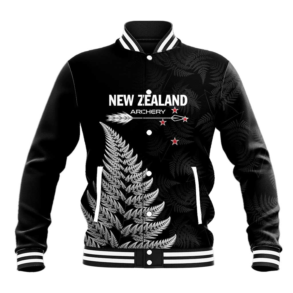 Personalised New Zealand 2025 Archery Baseball Jacket Aotearoa Silver Arrows Black
