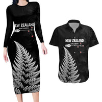 Personalised New Zealand 2025 Archery Couples Matching Long Sleeve Bodycon Dress and Hawaiian Shirt Aotearoa Silver Arrows Black LT01 Black - Polynesian Pride
