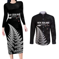 Personalised New Zealand 2025 Archery Couples Matching Long Sleeve Bodycon Dress and Long Sleeve Button Shirt Aotearoa Silver Arrows Black LT01 Black - Polynesian Pride
