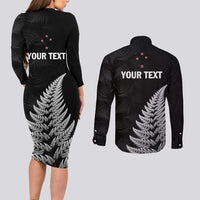 Personalised New Zealand 2025 Archery Couples Matching Long Sleeve Bodycon Dress and Long Sleeve Button Shirt Aotearoa Silver Arrows Black LT01 - Polynesian Pride