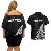 Personalised New Zealand 2025 Archery Couples Matching Off Shoulder Short Dress and Hawaiian Shirt Aotearoa Silver Arrows Black LT01 - Polynesian Pride