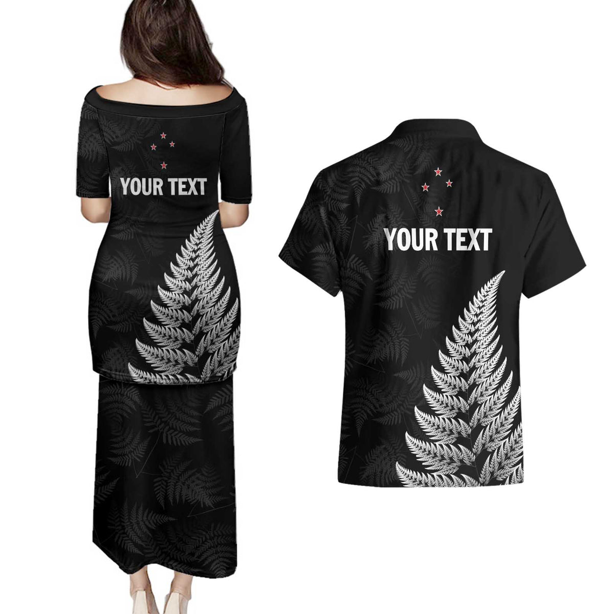 Personalised New Zealand 2025 Archery Couples Matching Puletasi and Hawaiian Shirt Aotearoa Silver Arrows Black