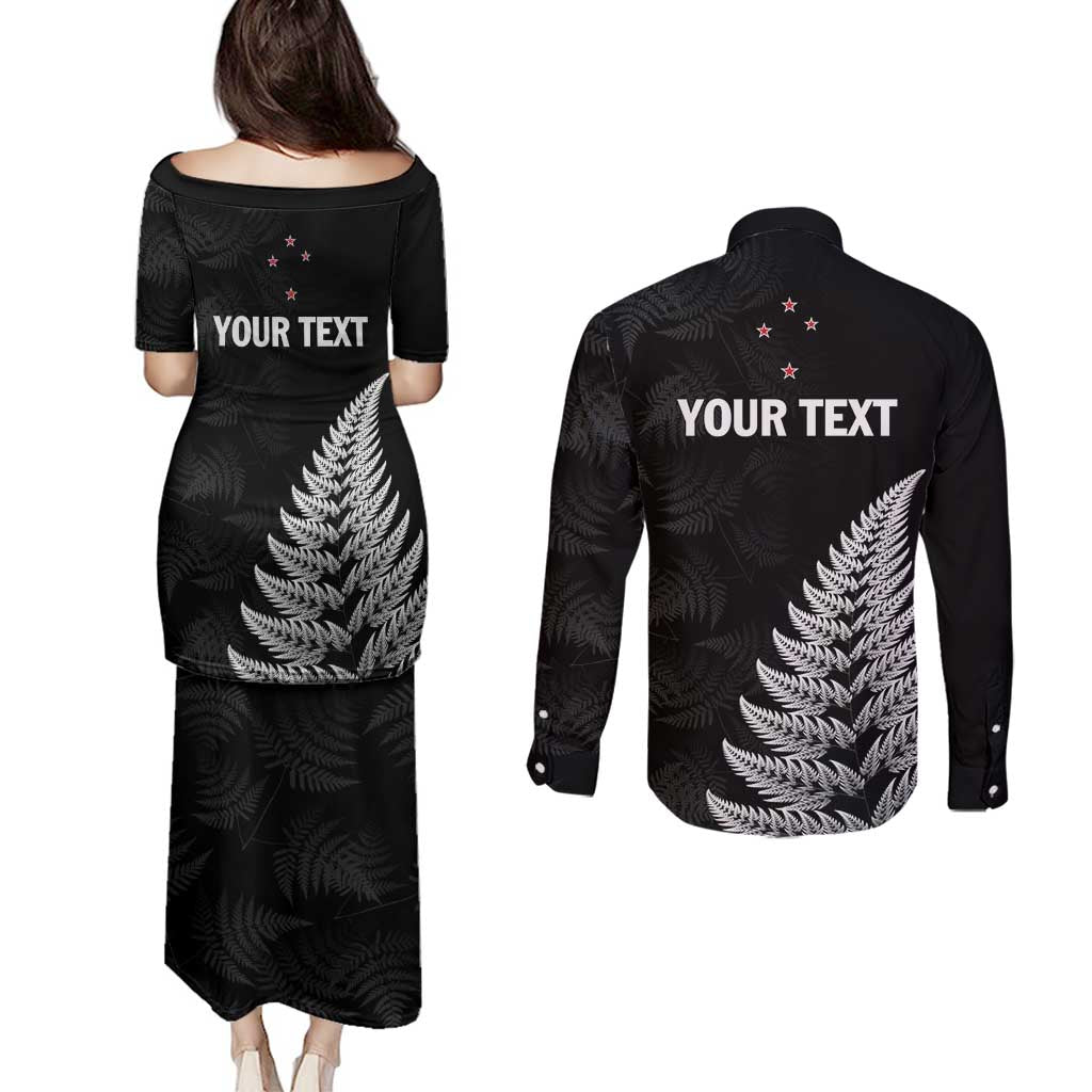 Personalised New Zealand 2025 Archery Couples Matching Puletasi and Long Sleeve Button Shirt Aotearoa Silver Arrows Black