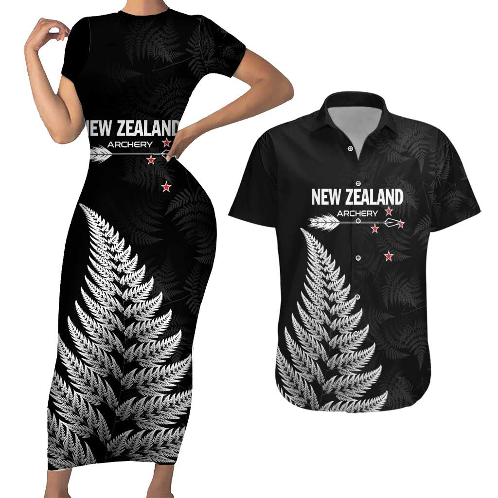 Personalised New Zealand 2025 Archery Couples Matching Short Sleeve Bodycon Dress and Hawaiian Shirt Aotearoa Silver Arrows Black