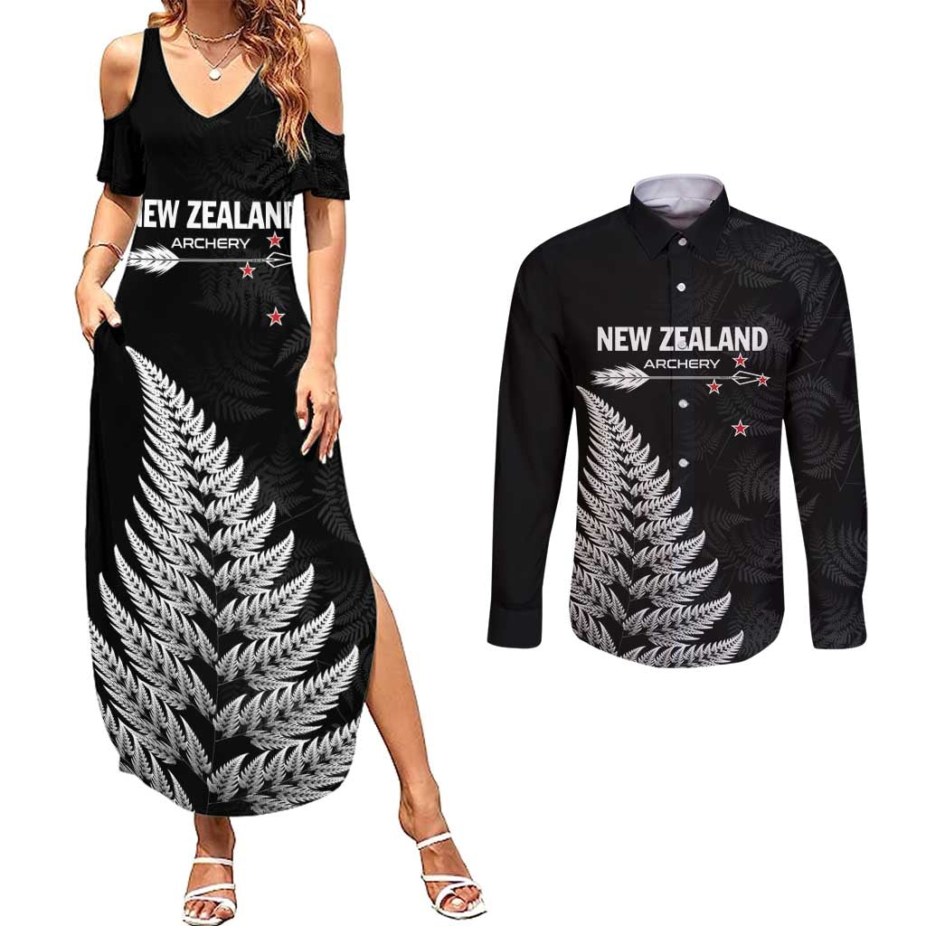 Personalised New Zealand 2025 Archery Couples Matching Summer Maxi Dress and Long Sleeve Button Shirt Aotearoa Silver Arrows Black