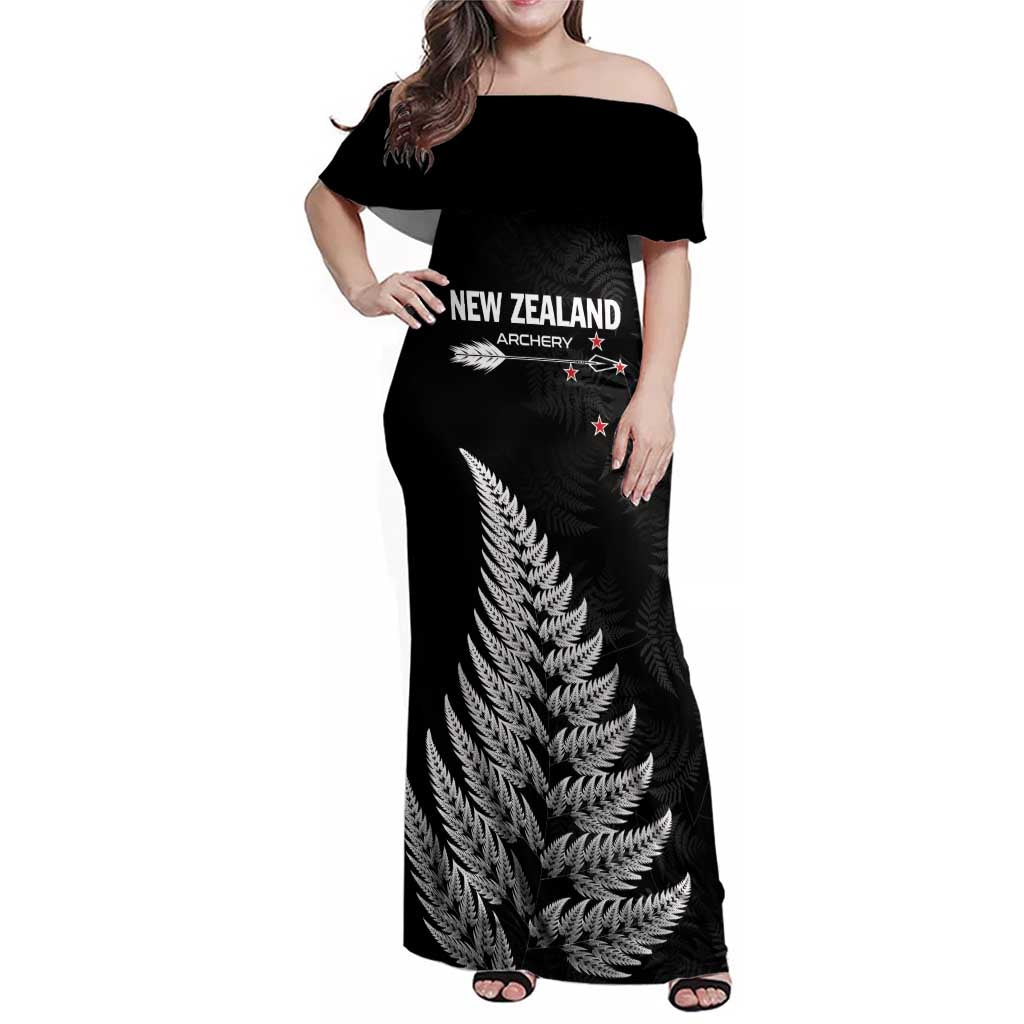 Personalised New Zealand 2025 Archery Family Matching Off Shoulder Maxi Dress and Hawaiian Shirt Aotearoa Silver Arrows Black