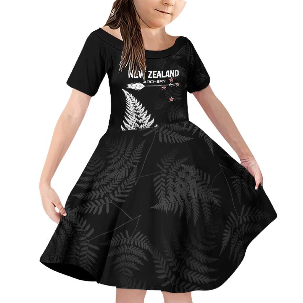 Personalised New Zealand 2025 Archery Family Matching Off Shoulder Short Dress and Hawaiian Shirt Aotearoa Silver Arrows Black LT01 Daughter's Dress Black - Polynesian Pride