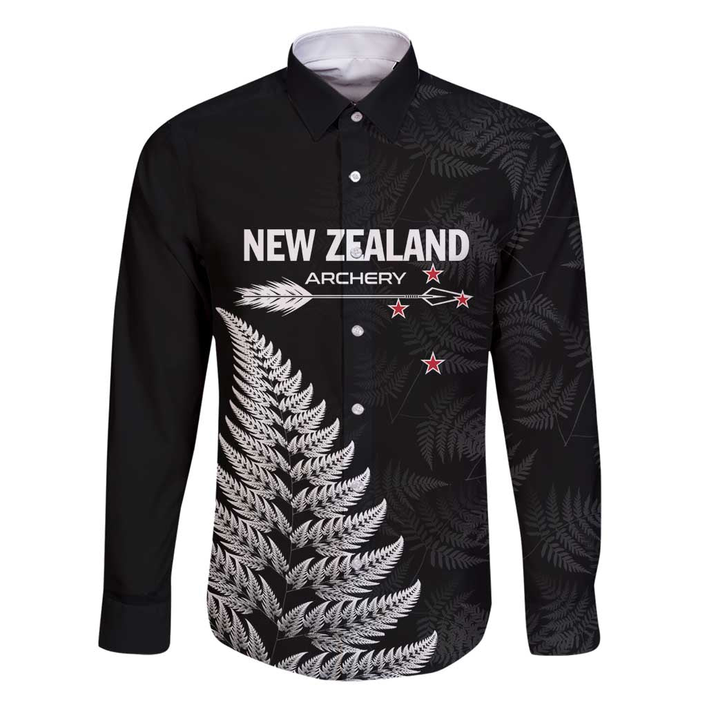 Personalised New Zealand 2025 Archery Family Matching Off Shoulder Short Dress and Hawaiian Shirt Aotearoa Silver Arrows Black LT01 Dad's Shirt - Long Sleeve Black - Polynesian Pride