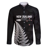 Personalised New Zealand 2025 Archery Family Matching Off Shoulder Short Dress and Hawaiian Shirt Aotearoa Silver Arrows Black LT01 Dad's Shirt - Long Sleeve Black - Polynesian Pride