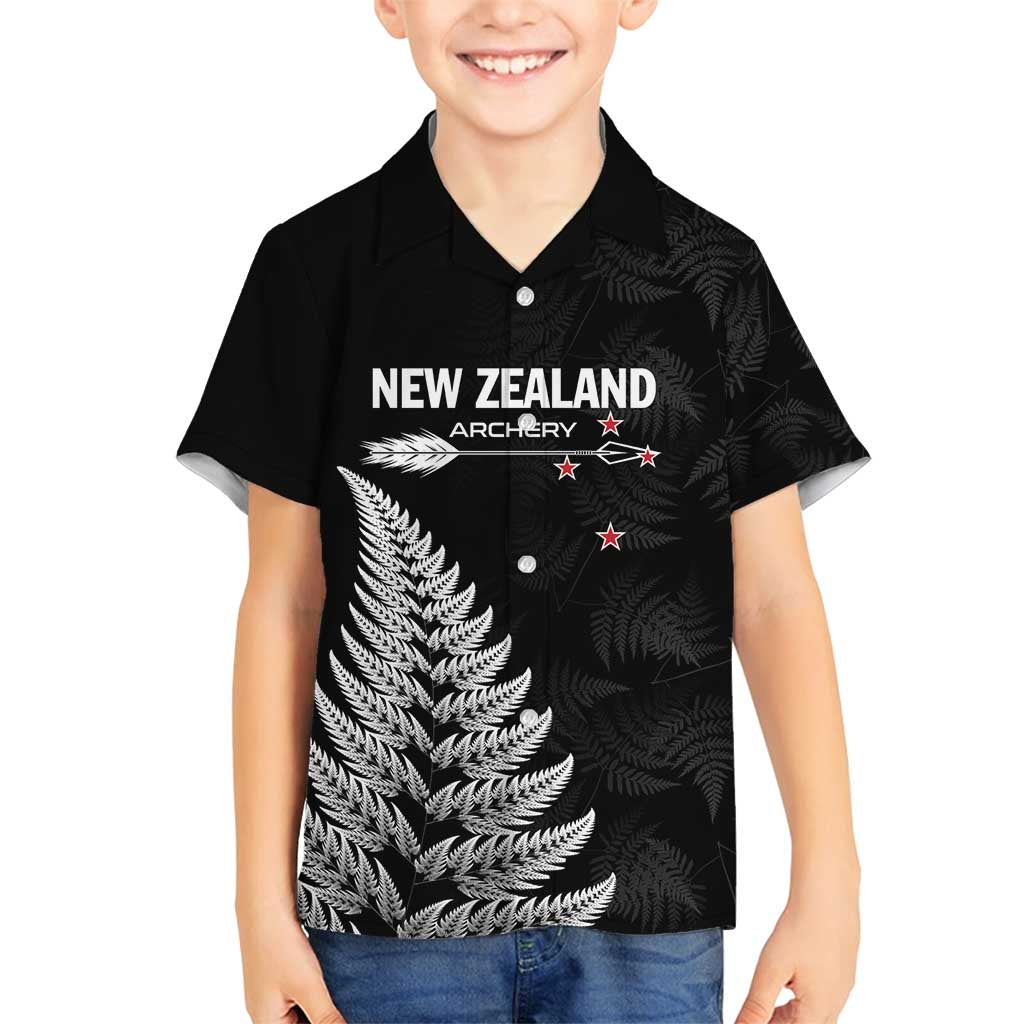Personalised New Zealand 2025 Archery Family Matching Off Shoulder Short Dress and Hawaiian Shirt Aotearoa Silver Arrows Black LT01 Son's Shirt Black - Polynesian Pride