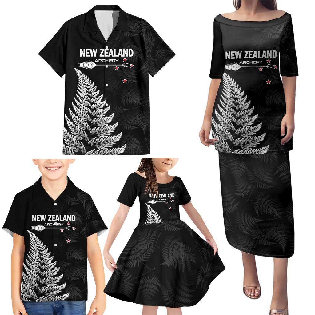 Personalised New Zealand 2025 Archery Family Matching Puletasi and Hawaiian Shirt Aotearoa Silver Arrows Black LT01 - Polynesian Pride