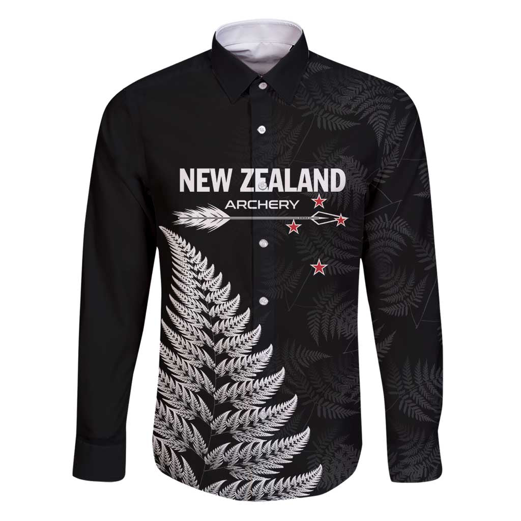 Personalised New Zealand 2025 Archery Family Matching Puletasi and Hawaiian Shirt Aotearoa Silver Arrows Black LT01 Dad's Shirt - Long Sleeve Black - Polynesian Pride