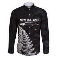 Personalised New Zealand 2025 Archery Family Matching Puletasi and Hawaiian Shirt Aotearoa Silver Arrows Black LT01 Dad's Shirt - Long Sleeve Black - Polynesian Pride