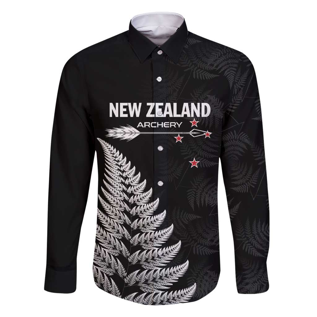 Personalised New Zealand 2025 Archery Family Matching Short Sleeve Bodycon Dress and Hawaiian Shirt Aotearoa Silver Arrows Black LT01 Dad's Shirt - Long Sleeve Black - Polynesian Pride