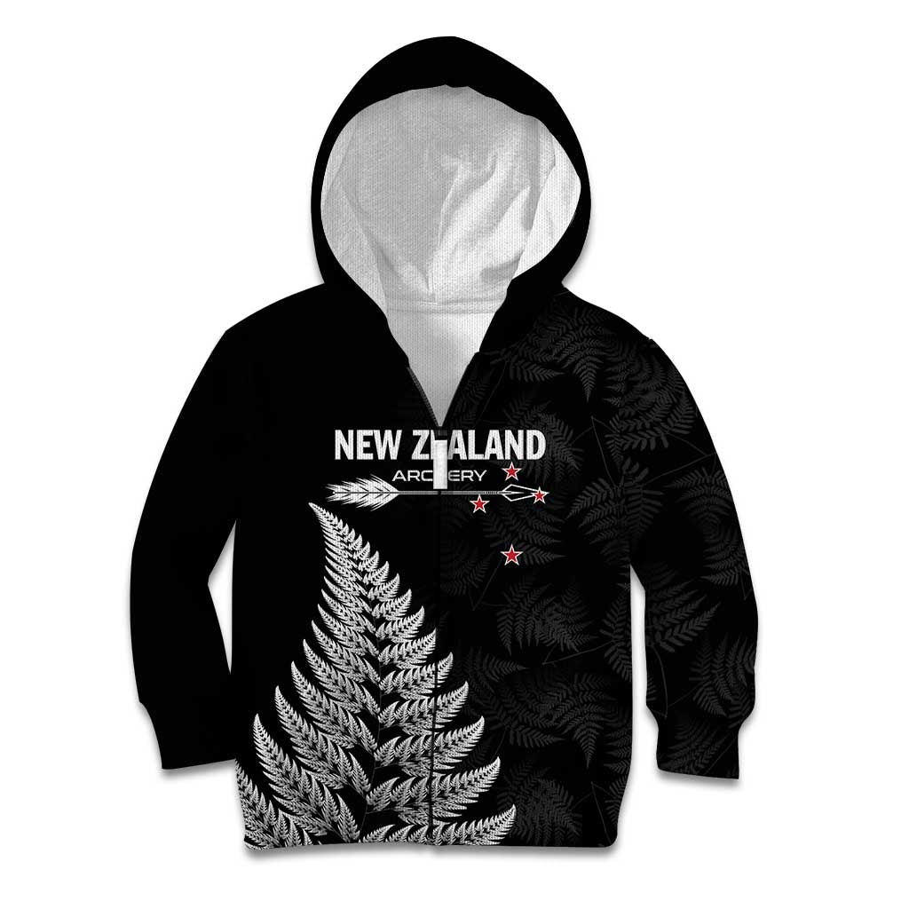 Personalised New Zealand 2025 Archery Kid Hoodie Aotearoa Silver Arrows Black