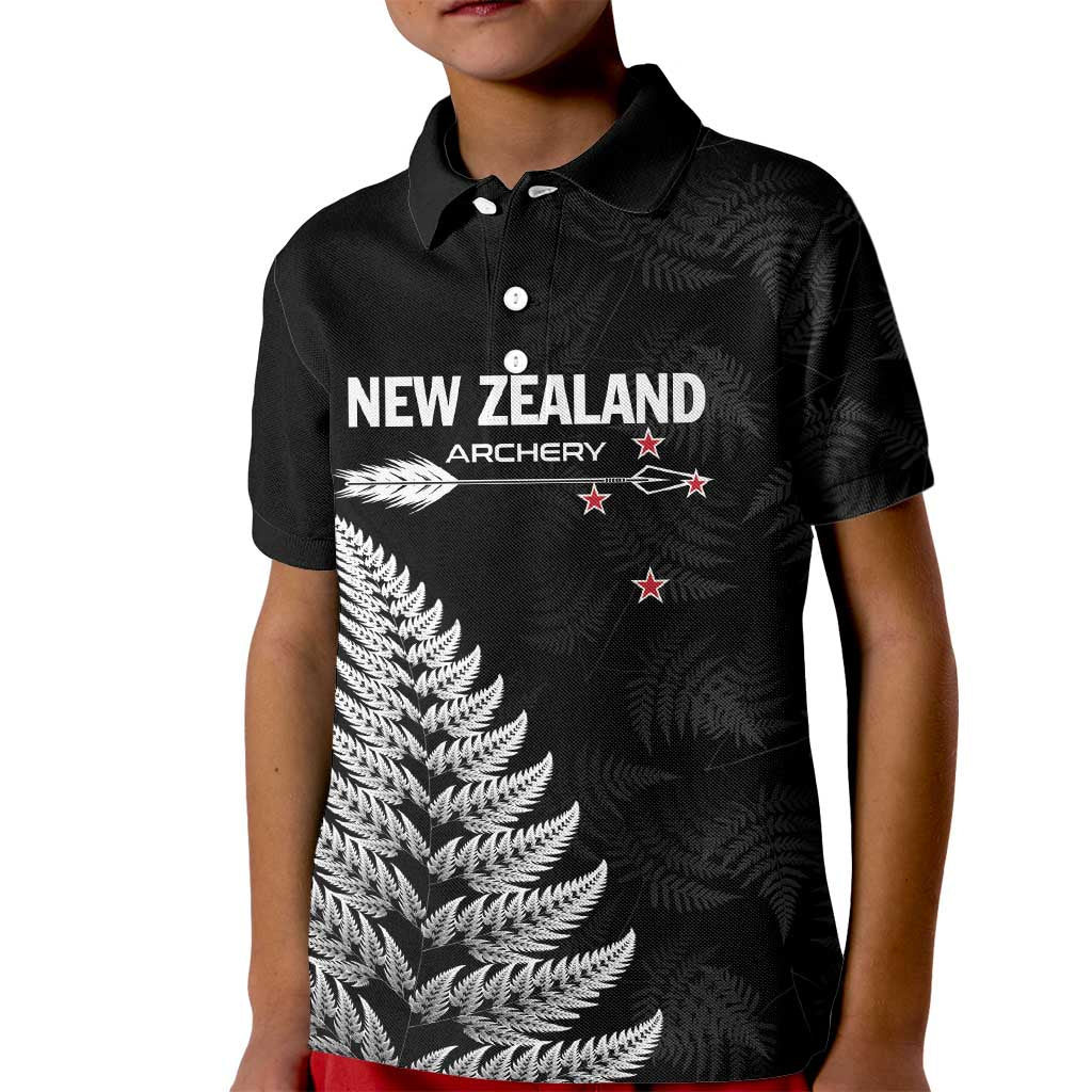 Personalised New Zealand 2025 Archery Kid Polo Shirt Aotearoa Silver Arrows Black