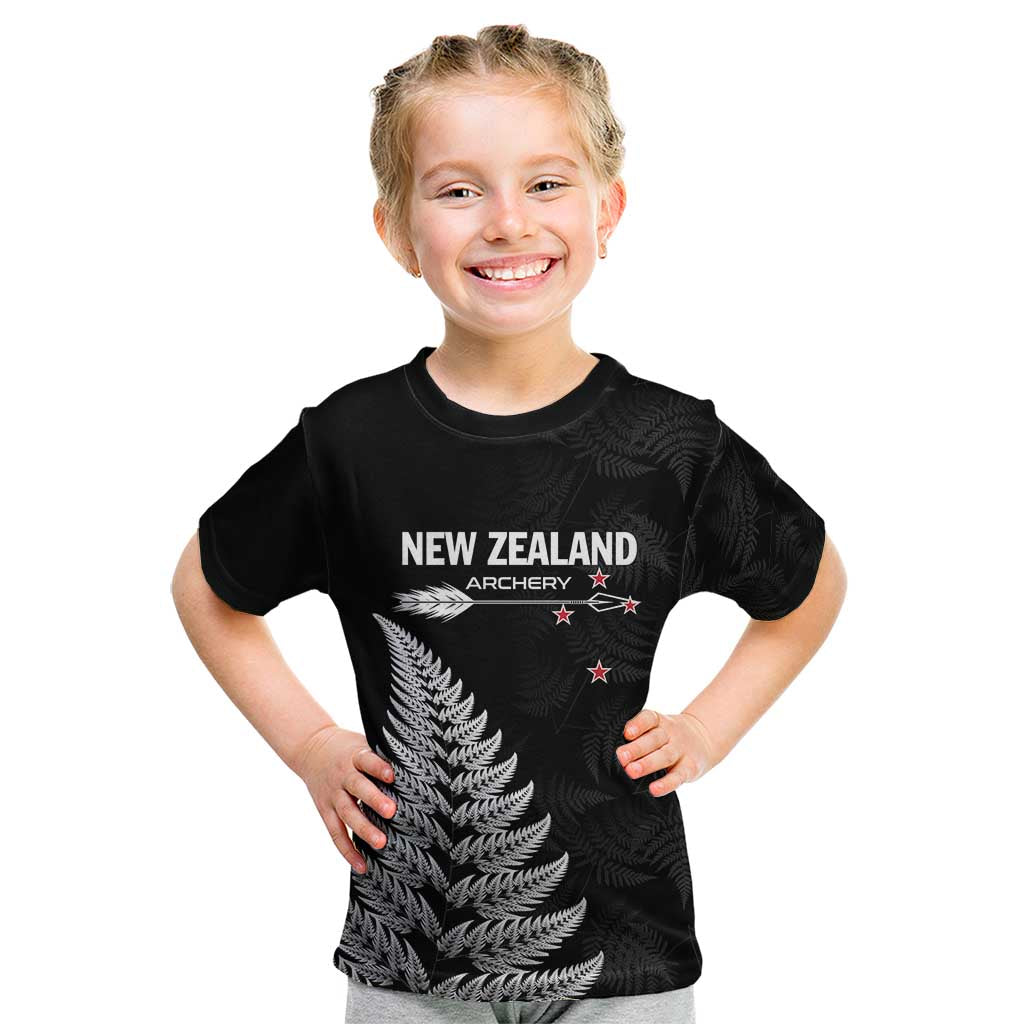 Personalised New Zealand 2025 Archery Kid T Shirt Aotearoa Silver Arrows Black