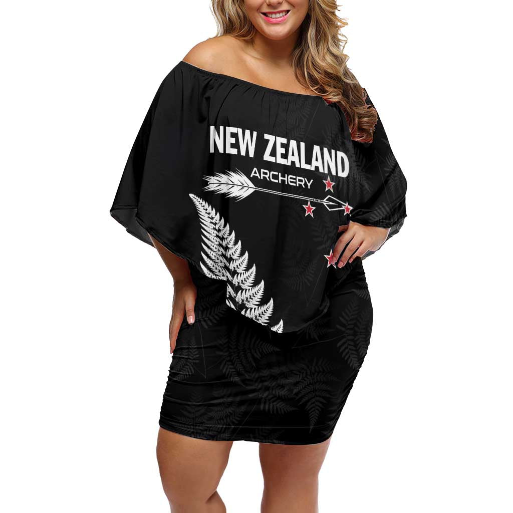 Personalised New Zealand 2025 Archery Off Shoulder Short Dress Aotearoa Silver Arrows Black