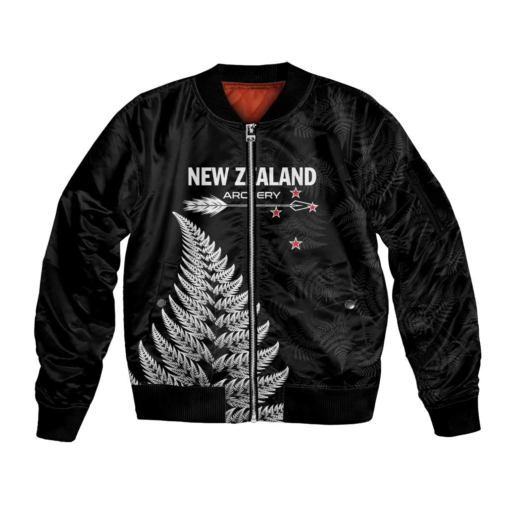 Personalised New Zealand 2025 Archery Sleeve Zip Bomber Jacket Aotearoa Silver Arrows Black