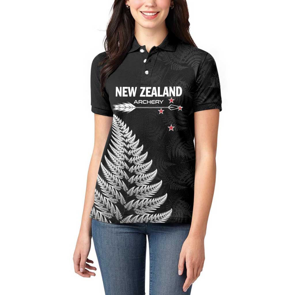 Personalised New Zealand 2025 Archery Women Polo Shirt Aotearoa Silver Arrows Black