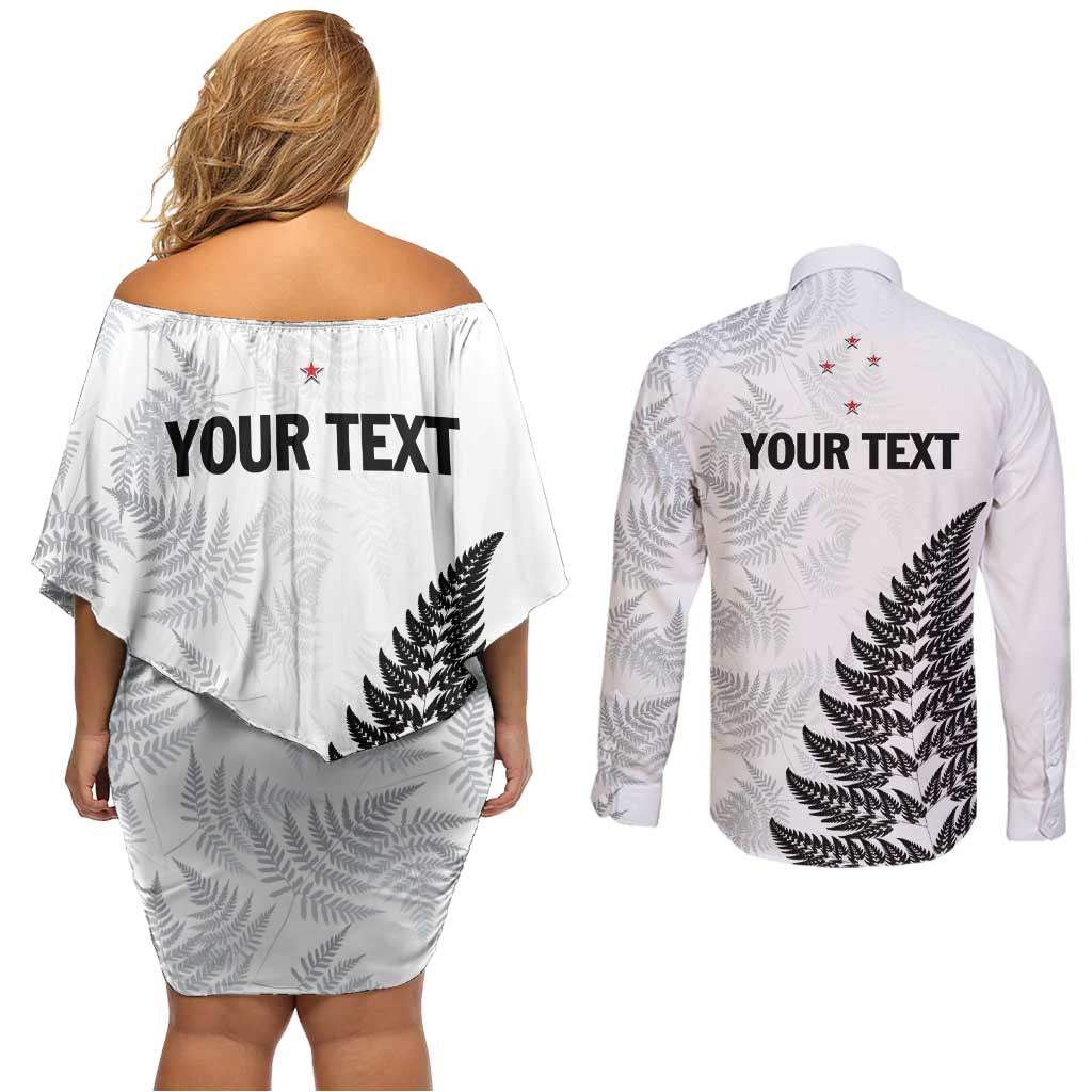Personalised New Zealand 2025 Archery Couples Matching Off Shoulder Short Dress and Long Sleeve Button Shirt Aotearoa Silver Arrows White