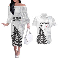 Personalised New Zealand 2025 Archery Couples Matching Off The Shoulder Long Sleeve Dress and Hawaiian Shirt Aotearoa Silver Arrows White LT01 White - Polynesian Pride
