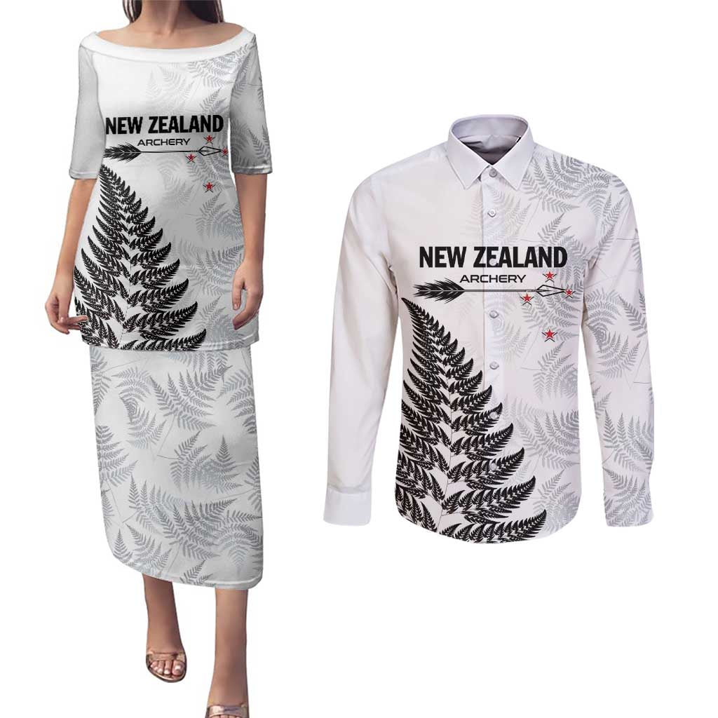 Personalised New Zealand 2025 Archery Couples Matching Puletasi and Long Sleeve Button Shirt Aotearoa Silver Arrows White