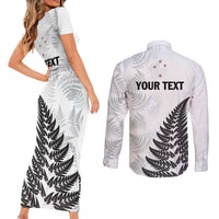 Personalised New Zealand 2025 Archery Couples Matching Short Sleeve Bodycon Dress and Long Sleeve Button Shirt Aotearoa Silver Arrows White