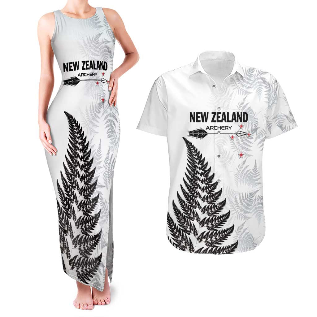 Personalised New Zealand 2025 Archery Couples Matching Tank Maxi Dress and Hawaiian Shirt Aotearoa Silver Arrows White LT01 White - Polynesian Pride