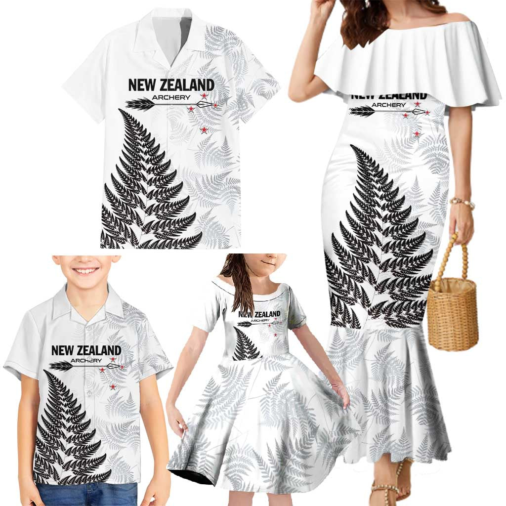 Personalised New Zealand 2025 Archery Family Matching Mermaid Dress and Hawaiian Shirt Aotearoa Silver Arrows White LT01 - Polynesian Pride