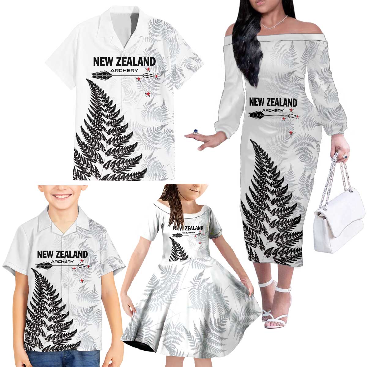 Personalised New Zealand 2025 Archery Family Matching Off The Shoulder Long Sleeve Dress and Hawaiian Shirt Aotearoa Silver Arrows White LT01 - Polynesian Pride