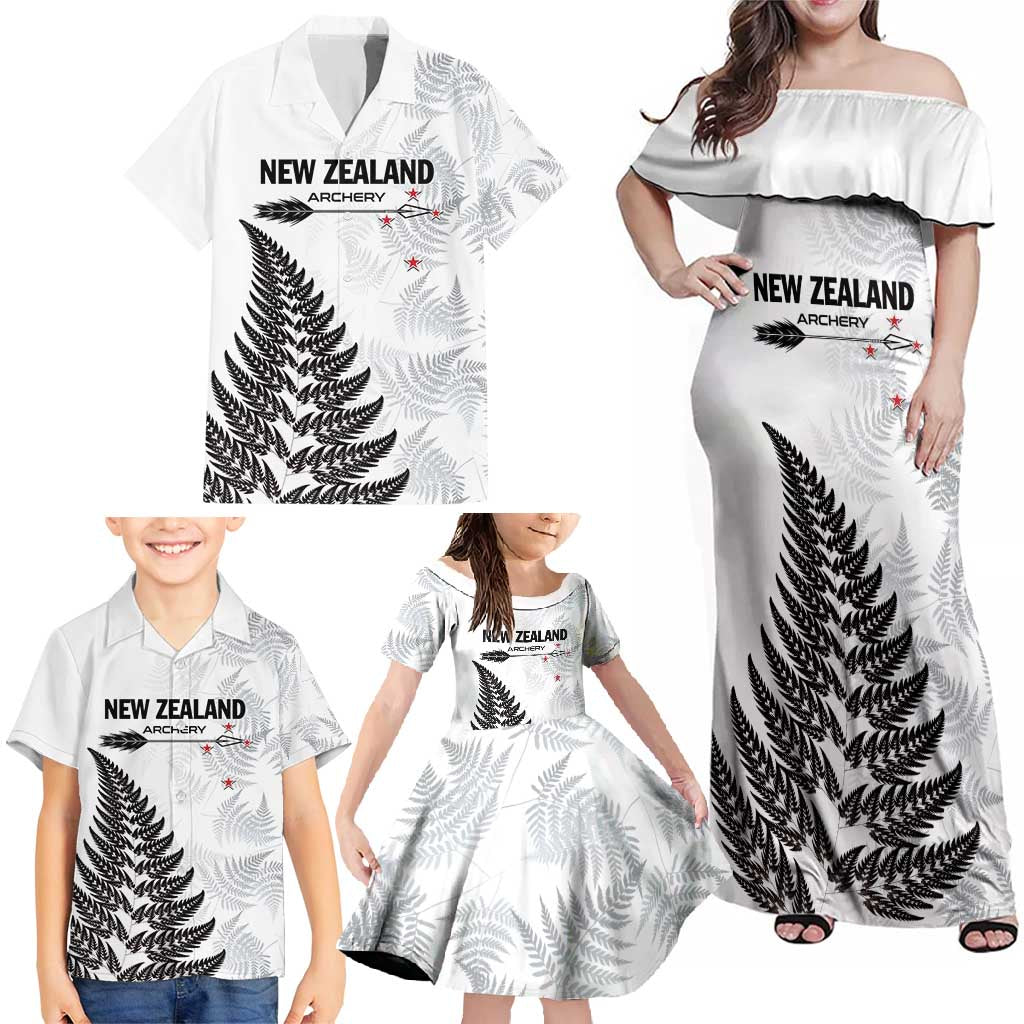 Personalised New Zealand 2025 Archery Family Matching Off Shoulder Maxi Dress and Hawaiian Shirt Aotearoa Silver Arrows White