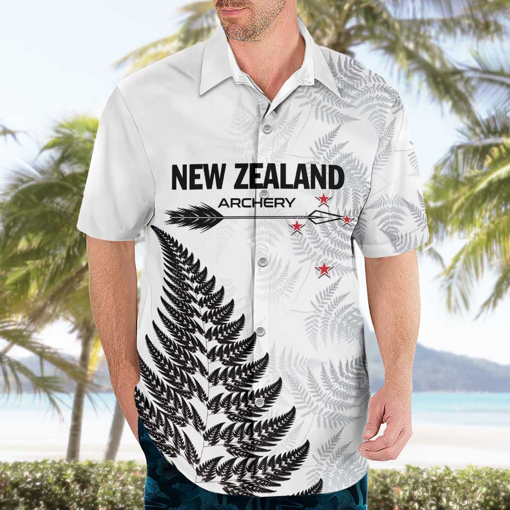 Personalised New Zealand 2025 Archery Hawaiian Shirt Aotearoa Silver Arrows White