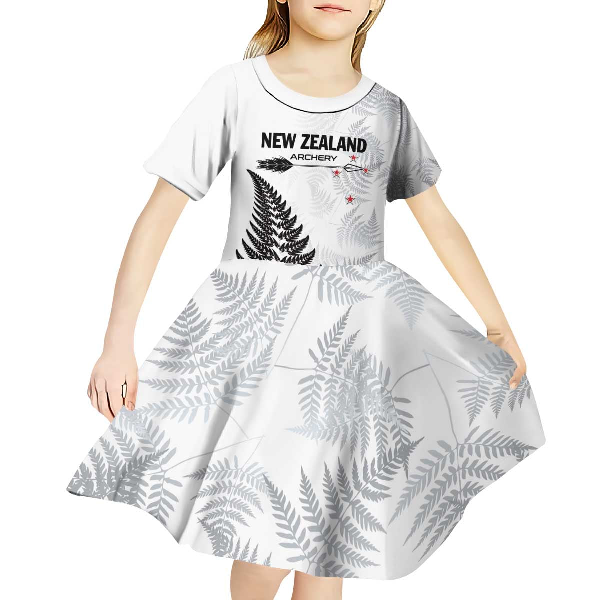 Personalised New Zealand 2025 Archery Kid Short Sleeve Dress Aotearoa Silver Arrows White