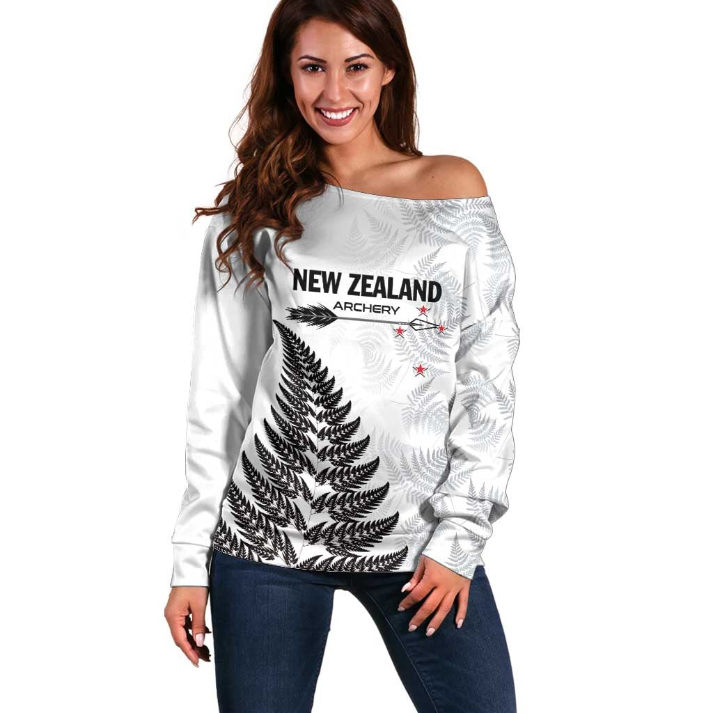 Personalised New Zealand 2025 Archery Off Shoulder Sweater Aotearoa Silver Arrows White