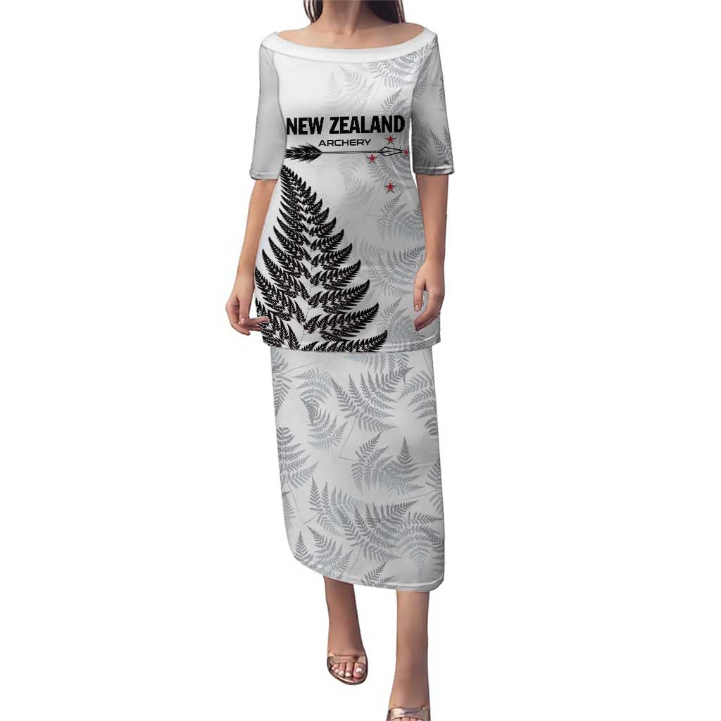 Personalised New Zealand 2025 Archery Puletasi Aotearoa Silver Arrows White LT01 Long Dress White - Polynesian Pride