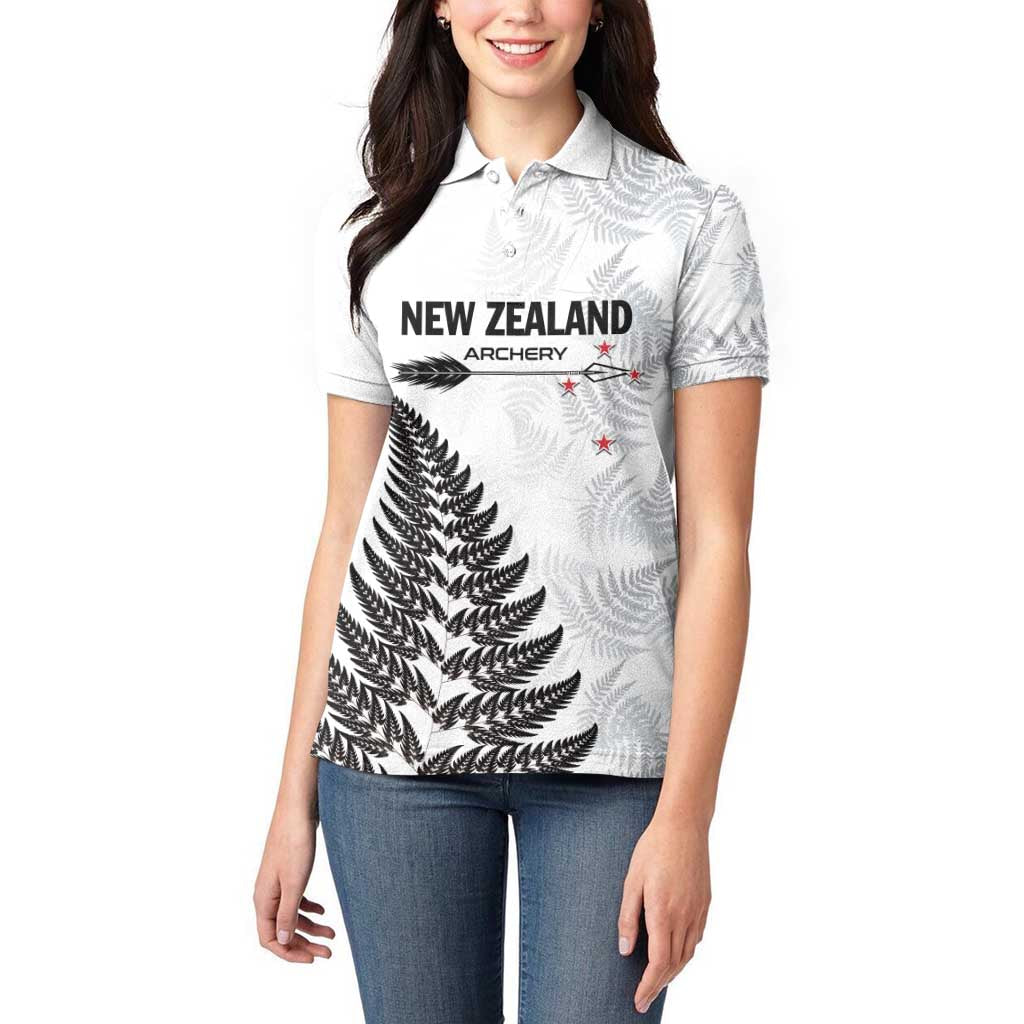 Personalised New Zealand 2025 Archery Women Polo Shirt Aotearoa Silver Arrows White