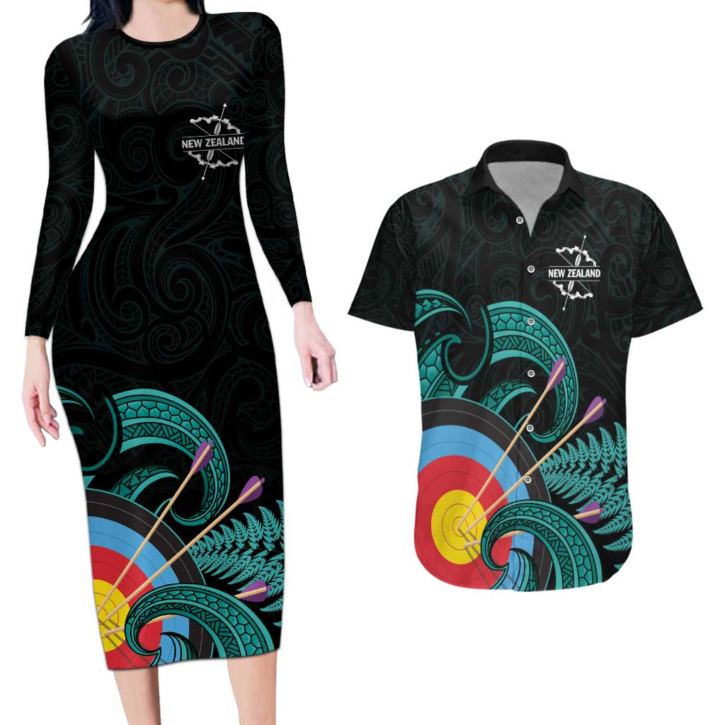Personalised New Zealand Archery Couples Matching Long Sleeve Bodycon Dress and Hawaiian Shirt Turquoise Maori Silver Fern